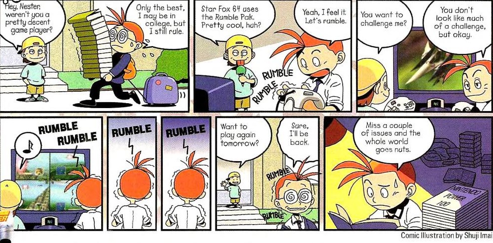 Comic sobre el Rumble Pack de Star Fox 64 en su numero 100